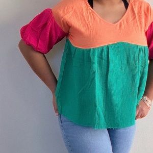 Multicolor Bubble Sleeve Blouse